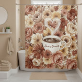 Love is Brewing Brown Floral Coffee Heart Mug Duschvorhang