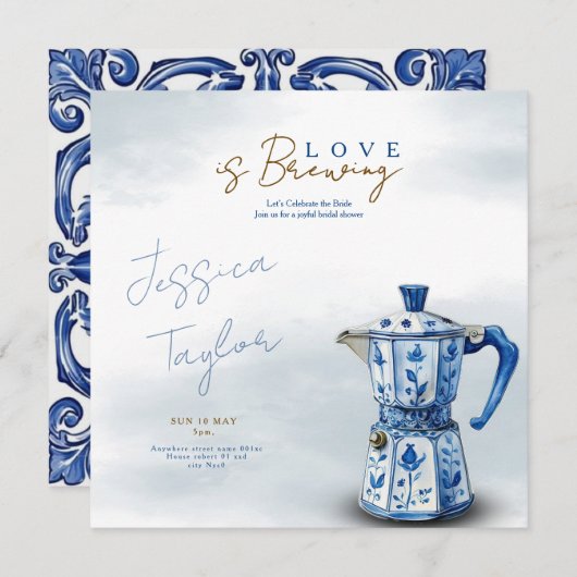 Love is Brewing Chinoiserie blue Bridal Shower Inv Einladung (Vorne/Hinten)