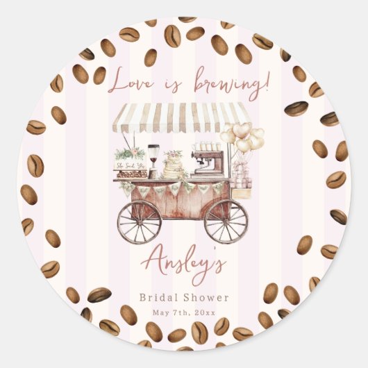 Love Is Brewing Coffee Cart Bridal Wedding Shower  Runder Aufkleber (Vorderseite)