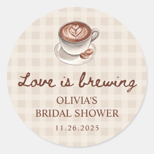 Love is Brewing Gingham Coffee Bridal Shower Favor Runder Aufkleber (Vorderseite)