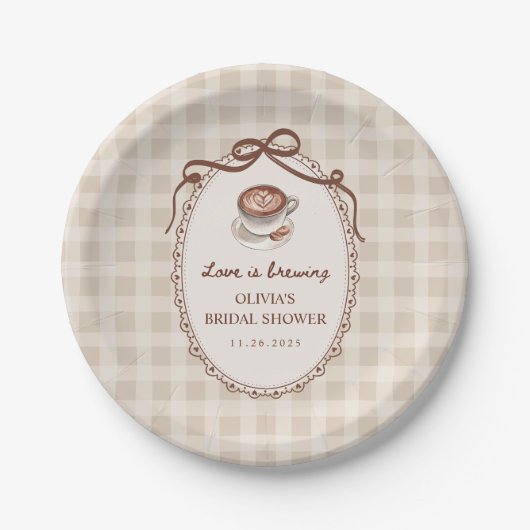 Love is Brewing Gingham Coffee Bridal Shower Pappteller (Vorderseite)