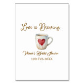 Love is Brewing white coffee mug heart bridal show Tischnummer (Rückseite)