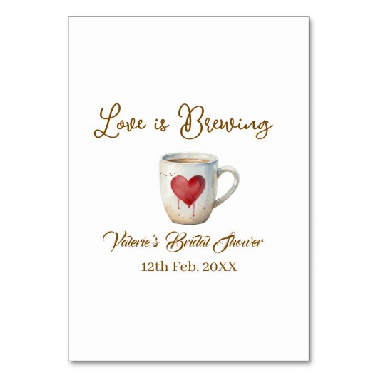 Love is Brewing white coffee mug heart bridal show Tischnummer (Vorderseite)