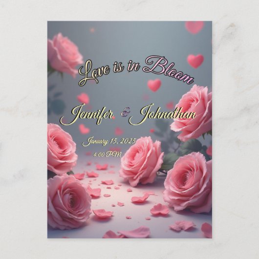 Love is in Bloom Pink Roses Save the Date Wedding Postkarte (Vorderseite)