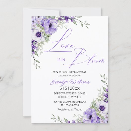 love is in bloom, purple floral bridal shower chic einladung (Vorderseite)