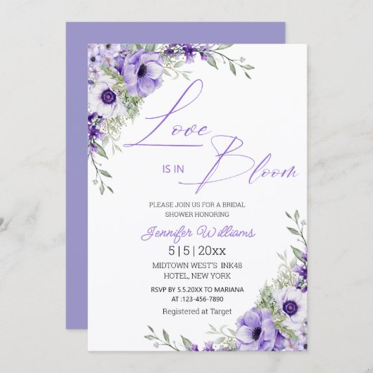 love is in bloom, purple floral bridal shower chic einladung (Vorne/Hinten)