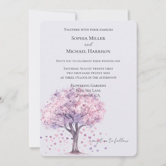 Love is in the air Lavender Hearts Tree Wedding Einladung (Vorderseite)
