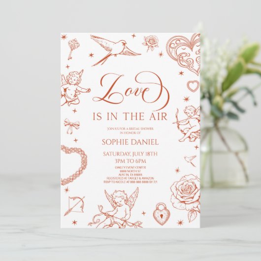 Love Is In The Air Valentine's Day Bridal Shower Einladung (Stehend Vorderseite)