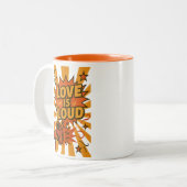 Love Is Loud Bold Comic-Style Statement Zweifarbige Tasse (Vorderseite Links)
