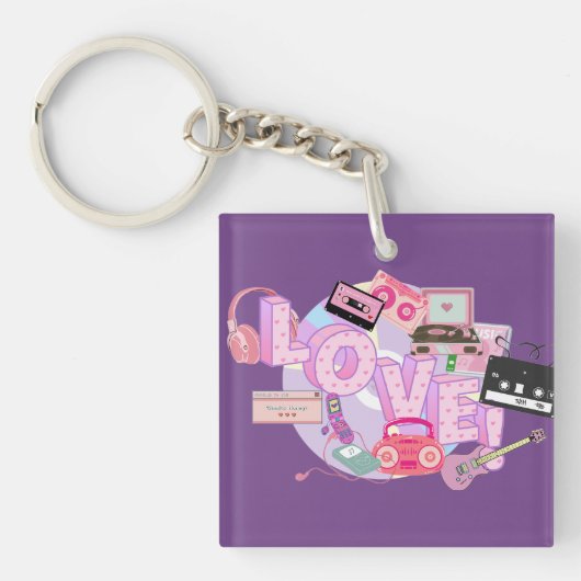 LOVE Keychain – Pink & Purple Retro Music Memories Schlüsselanhänger (Vorderseite)
