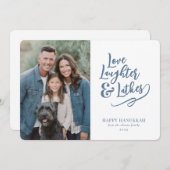 Love Laughter Latkes Hanukkah Photo Feiertagskarte (Vorne/Hinten)