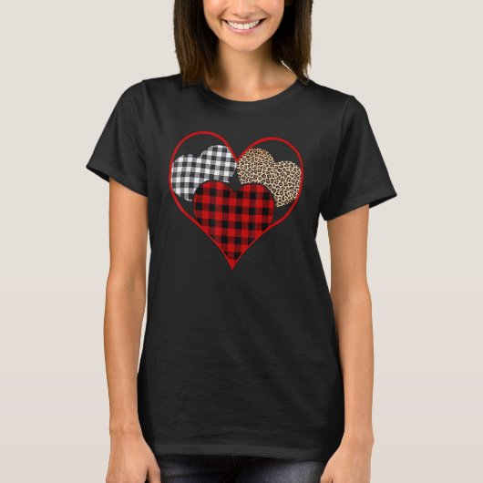 Love Leopard Buffalo Red Plaid Heart Happy Valenti T-Shirt (Vorderseite)