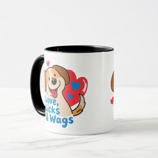 Love, Licks & Wags Happy Smiling Dog Lover Coffee Tasse (Vorderseite Links)