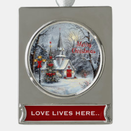Love Lives Here – Snowy Church Christmas  Banner-Ornament Silber