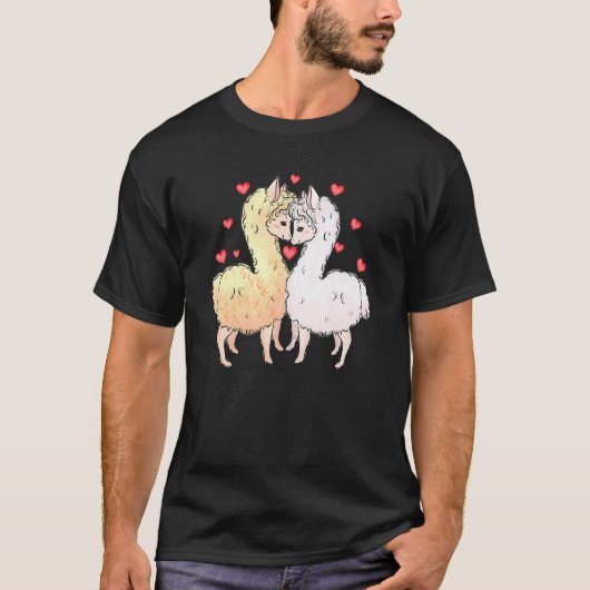 Love Llama Couples Hearts Retro Groovy 70s Valenti T-Shirt (Vorderseite)