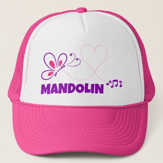 Love Mandolin Pink Purple Butterfly Heart Truckerkappe (Vorderseite)