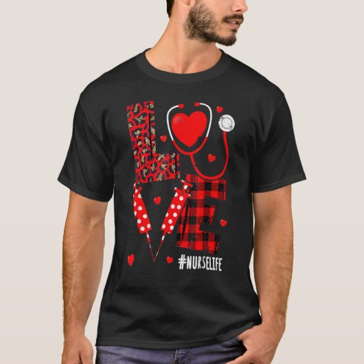 LOVE Nurse Life Valentine Day Leopard Plaid Red He T-Shirt (Vorderseite)