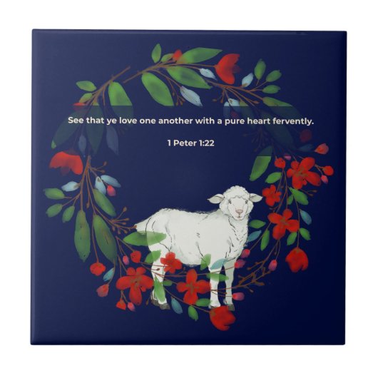 Love One Another | Lamb & Floral Ceramic Tile Fliese (Vorderseite)