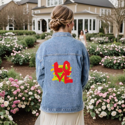 Love Paint Brushes Colorful Long Sleeve Jeansjacke (Hochzeit Rückseite)