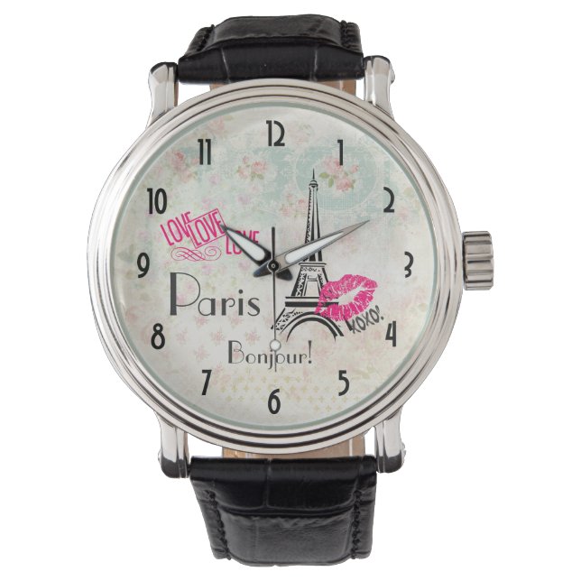 Love Paris with Eiffel Tower on Vintage Armbanduhr (Vorderseite)