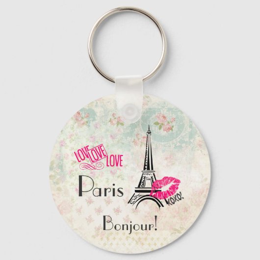 Love Paris with Eiffel Tower on Vintage Schlüsselanhänger (Vorderseite)