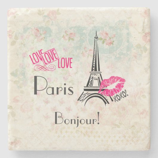 Love Paris with Eiffel Tower on Vintage Steinuntersetzer (Vorderseite)