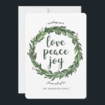 Love Peace Joy. Watercolor winter Christmas wreath Feiertagskarte<br><div class="desc">"Liebe Peace Joy" Weihnachtskarte. Bitte kontaktieren Sie mich,  wenn Sie weitere Informationen benötigen.</div>