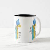 Love, Peace Ukraine Zweifarbige Tasse (VorderseiteRechts)