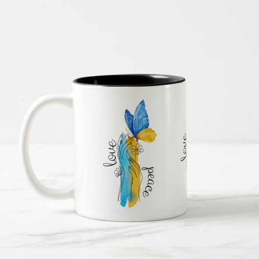 Love, Peace Ukraine Zweifarbige Tasse (Links)