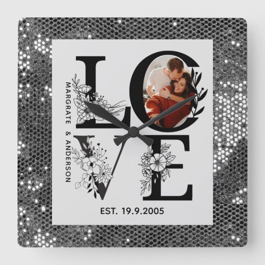 Love photo simple modern personalised gift silver quadratische wanduhr (Vorderseite)