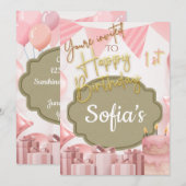 Love Pink Happy1st Birthday Einladung (Vorne/Hinten)