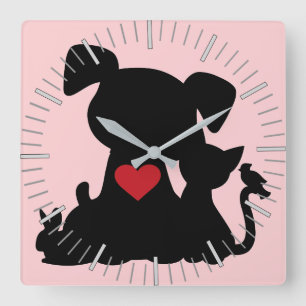 Love Puppy and Kitten Silhouette Pink Quadratische Wanduhr