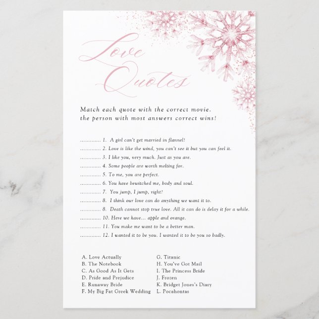 Love Quotes Game Pink Snow in Love Bridal Shower (Vorderseite)