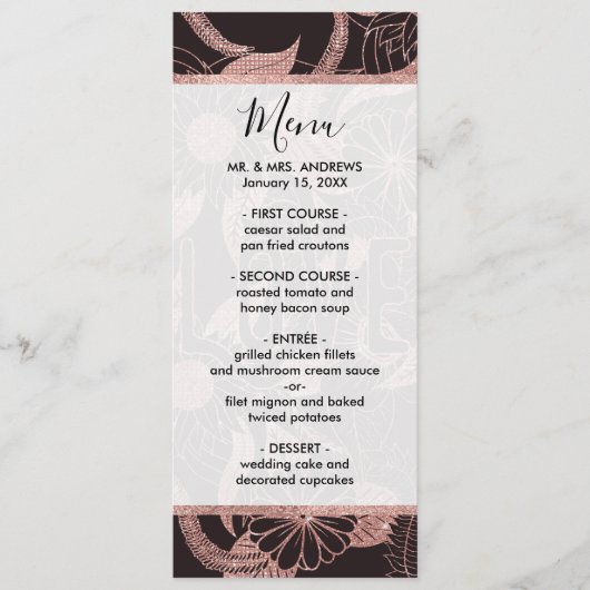 Love Rose Gold Glitter Girly Flowers Menükarte (Vorderseite)