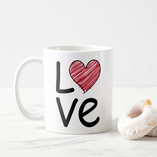 Love Scribbled Hand Drawn Red Heart Minimalist Kaffeetasse (Mit Donut)