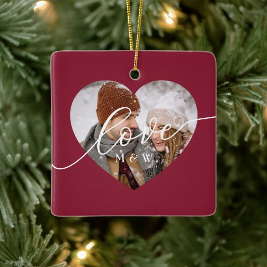 Love Script Heart Photo Red Keramikornament (Baum)