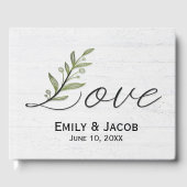 Love Script with Green Leaves on Whitewashed Wood Gästebuch (Vorderseite)