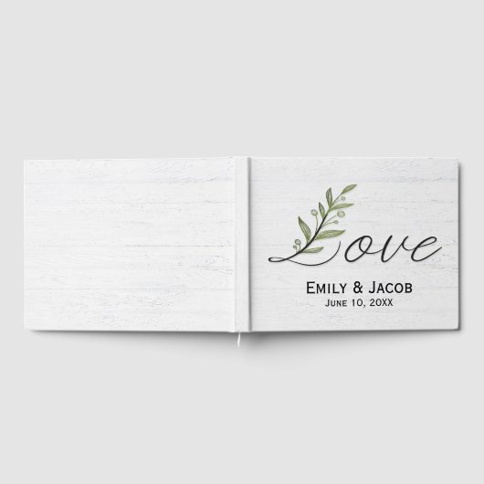 Love Script with Green Leaves on Whitewashed Wood Gästebuch (Voll)