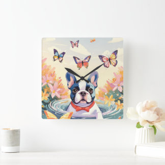 Love Spring French Bulldog Quadratische Wanduhr