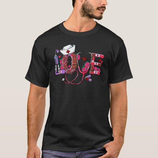 LOVE Stethoscope Nurse Life Valentine Day Leopard T-Shirt (Vorderseite)
