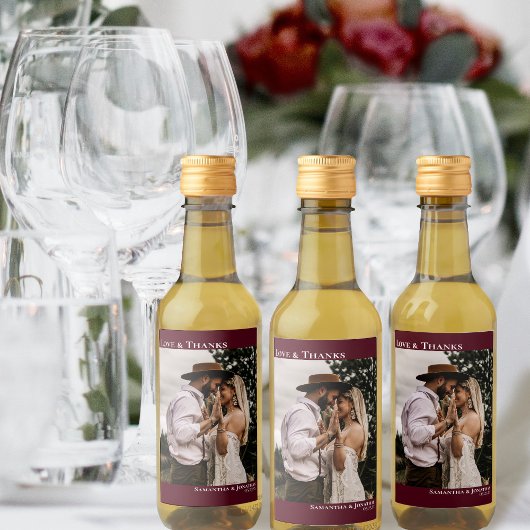 Love & Thanks Burgundy Simple Wedding Photo Mini Weinetikett