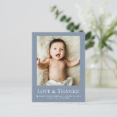 Love & Thanks Dusty blue Baby Photo announcement Postkarte (Stehend Vorderseite)