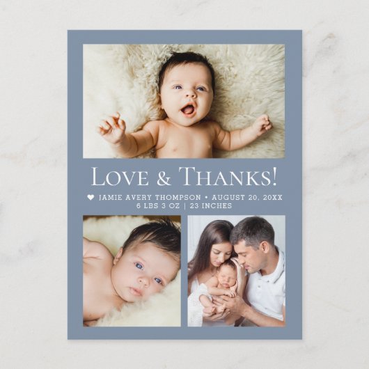 Love & Thanks Dusty blue Baby Photo Collage birth Postkarte (Vorderseite)