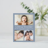 Love & Thanks Dusty blue Baby Photo Collage birth Postkarte (Stehend Vorderseite)