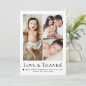 Love & Thanks Photo Collage Birth Announcement Dankeskarte (Stehend Vorderseite)