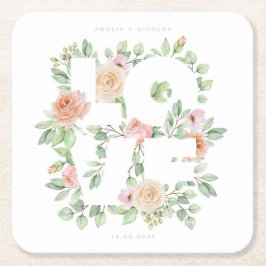 LOVE Typography with Watercolor Roses and Greenery Rechteckiger Pappuntersetzer