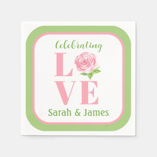 LOVE Watercolor Rose NAME Bridal Green Serviette (Vorderseite)