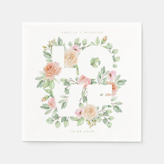 LOVE Watercolor Roses and Greenery Spring Wedding Serviette (Vorderseite)