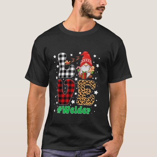 Love Welder Gnome Christmas Leopard Plaid Xmas Paj T-Shirt (Vorderseite)