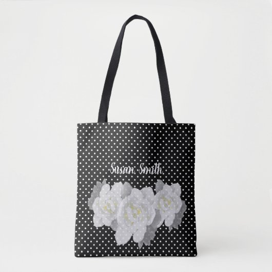 Love White Gardenia Blume Schwarz-weiß Polka Dot Tasche (Vorderseite)